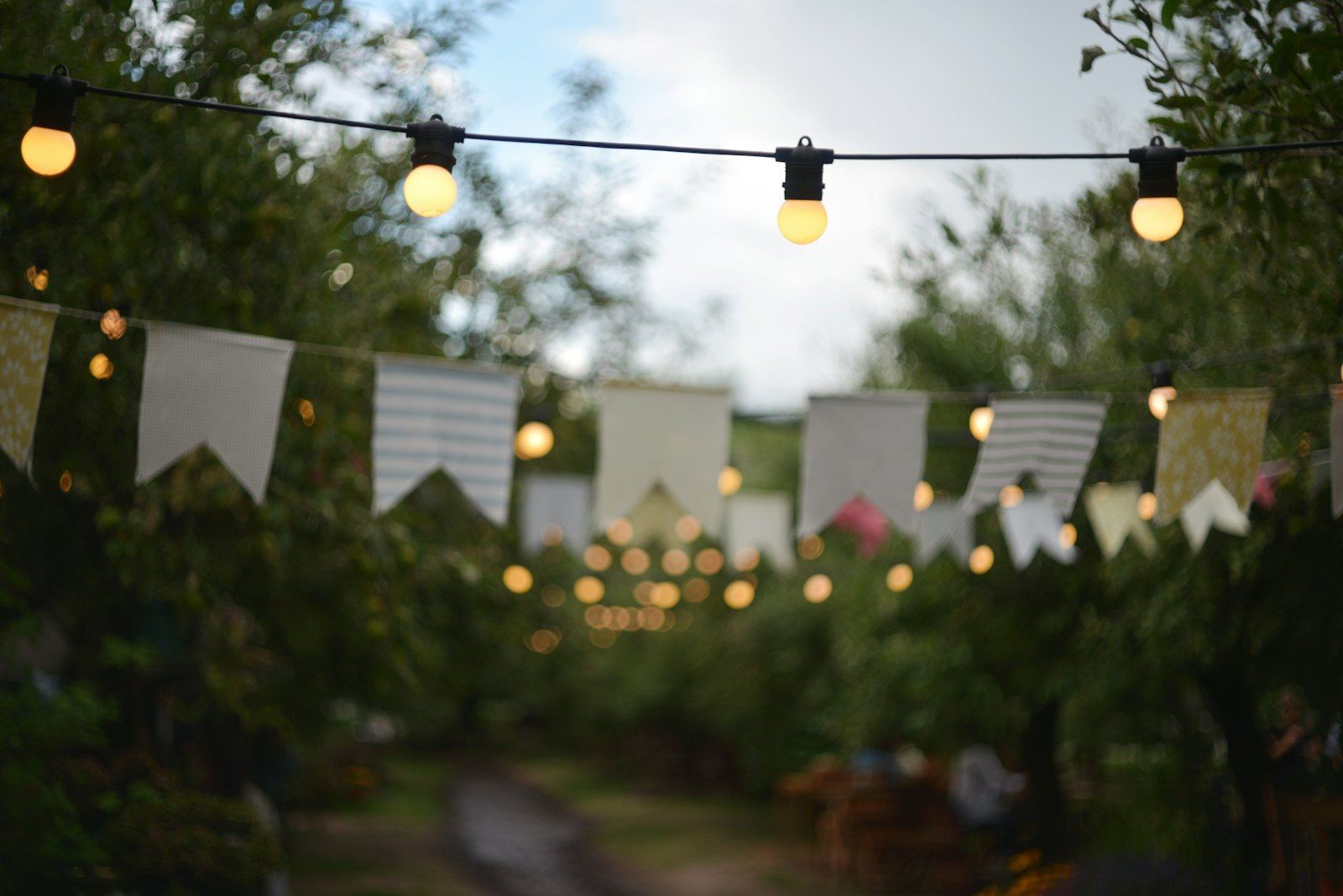 String lights and pennant bunting over an outdoor party